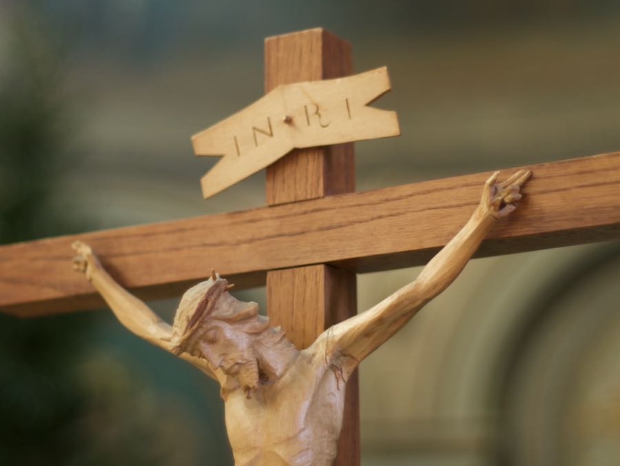 Close-up of wooden processional Crucifx