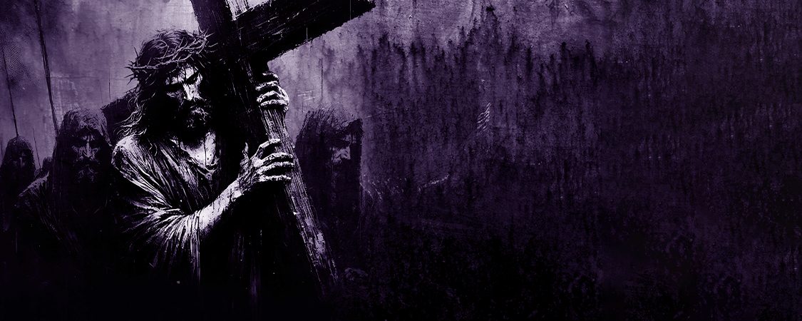 Purple image of Jesus carrying the cross
