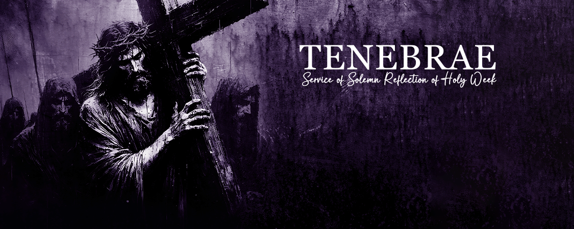 Purple image of Jesus carrying the Cross with the words Tenebrae