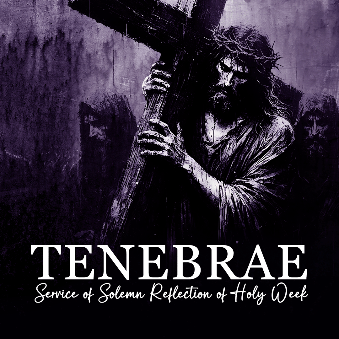 Purple image of Jesus carrying the Cross with the text Tenebrae